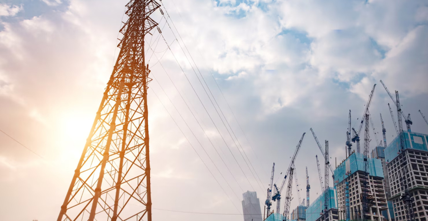 Contabilidade Especialista para Telecomunicação: torre de transmissão com estrutura metálica e obras ao fundo, simbolizando infraestrutura e expansão.